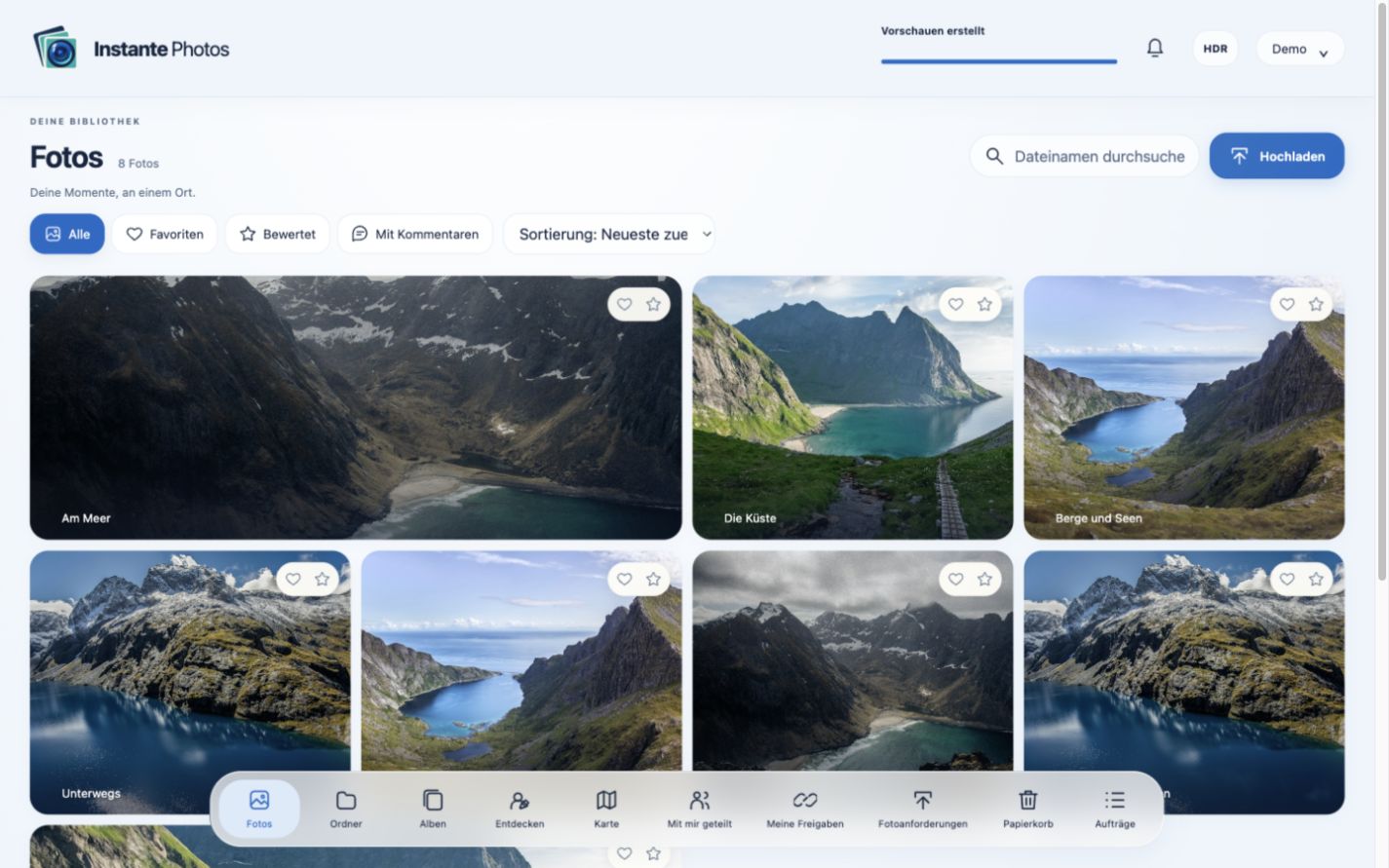 Instante Photos: Fotoübersicht mit Filtern, Bewertungen und Sektionsleiste. Neutrale Beispielbilder.